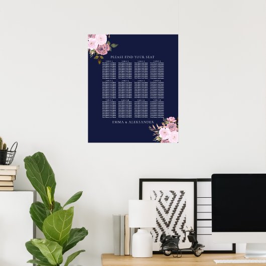 ネイビーバラ金ゴールド結婚フローラのテーブル座席表 ポスター (ホームオフィス)