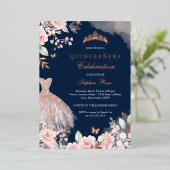 ネイビーバラ金ゴールド赤面ドレスフローラキンセアニェラ 箔招待状 (立ち正面)