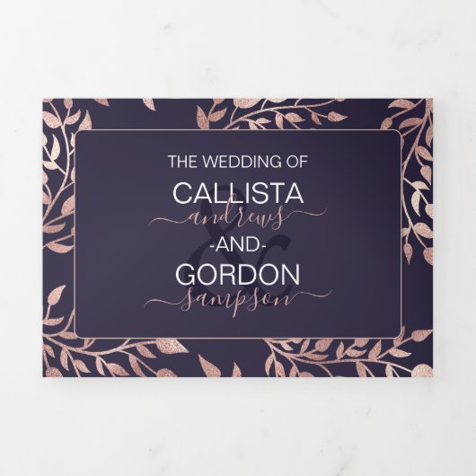 ネイビーバラ金ゴールド離れフローラレジストリ詳細RSVP 三つ折り招待状 (カバー)