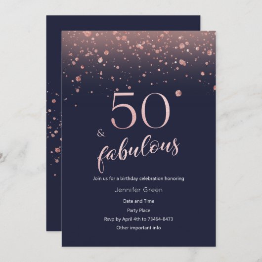 ネイビーバラ金ゴールド50番目の誕生日招待状 招待状 (正面/裏面)