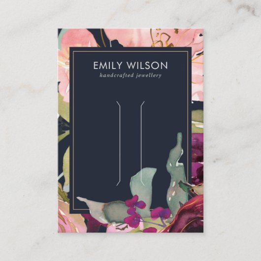 ネイビーバーガンディ赤面フローラヘアクリップ表示カード 名刺 (正面)