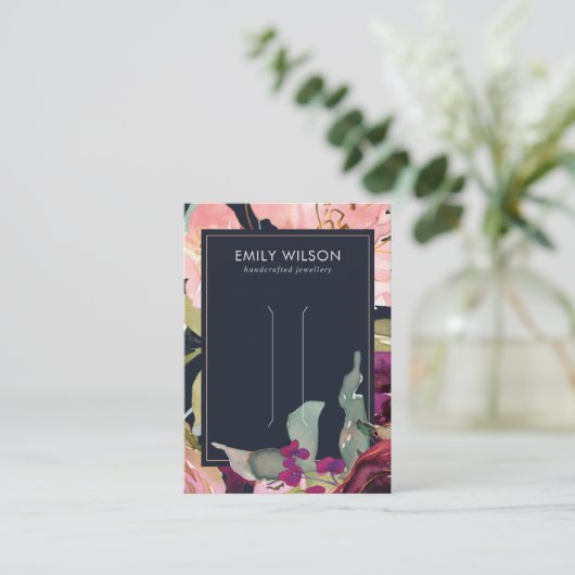 ネイビーバーガンディ赤面フローラヘアクリップ表示カード 名刺 (スタンド正面)