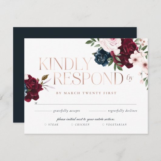 ネイビーバーグエレガントンディフローラウォーターカラーバラ金ゴールド 出欠カード (正面/裏面)