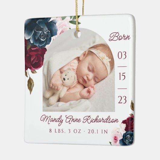 ネイビーバーグンディピンクフローラベビー誕生写真 セラミックオーナメント (左)