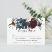 ネイビーバーグンディピンク結婚フローラの食事の選択RSVP 出欠カード (スタンド正面)