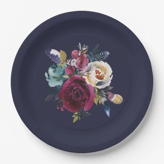 ネイビーバーグンディメルロ結婚フローラズディナー ペーパープレート (正面)