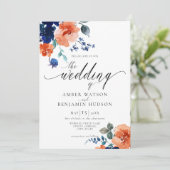 ネイビーバーンオレンジフローラボホエレガントな結婚式 招待状 (スタンド正面)