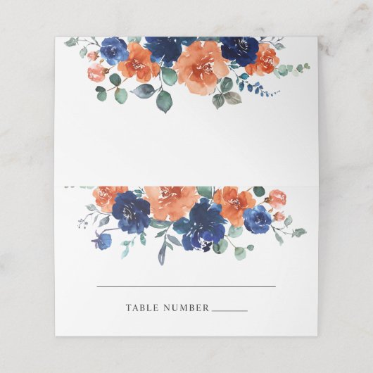 ネイビーバーンオレンジフローラ秋の結婚式座席表 プレイスカード (外部開封)