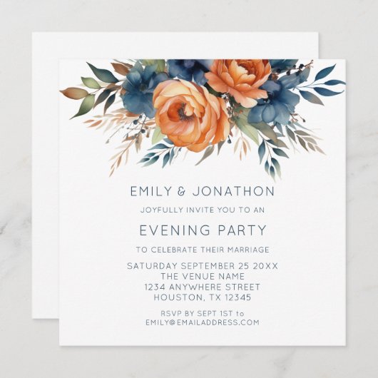 ネイビーバーンオレンジ結婚花模様の夕べパーティー 招待状 (正面/裏面)