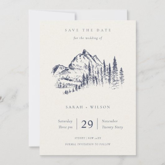 ネイビーパインマウンテンスケッチ日付カードを保存 サンキューカード (正面)