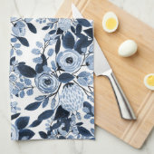 ネイビーパステルブルーウォーターカラーフローラルパターン キッチンタオル (四つ折り)