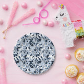 ネイビーパステルブルーウォーターカラーフローラルパターン ペーパープレート (パーティー)