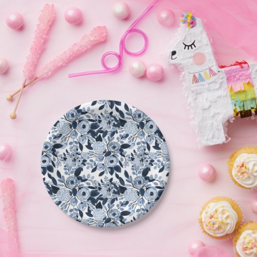 ネイビーパステルブルーウォーターカラーフローラルパターン ペーパープレート (パーティー)