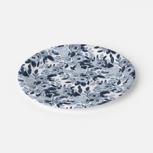 ネイビーパステルブルーウォーターカラーフローラルパターン ペーパープレート (アングル)