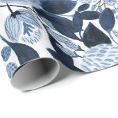 ネイビーパステルブルーウォーターカラーフローラルパターン ラッピングペーパー (ロールコーナー)