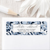 ネイビーパステルブルーウォーターカラーフローラルパターン ラベル (インサイチュ)