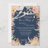 ネイビーパンパスグラス赤面ピンクフローラエジソンライト 招待状 (正面)