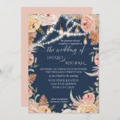 ネイビーパンパスグラス赤面ピンクフローラエジソンライト 招待状 (正面/裏面)