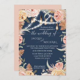 ネイビーパンパスグラス赤面ピンクフローラエジソンライト 招待状