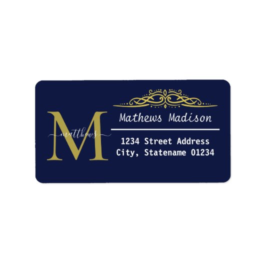 ネイビーパーソナライズされたブルーと金ゴールドの結婚レーベル ラベル (正面)