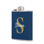 ネイビーパーソナライズされたブルーと金ゴールドモノグラム フラスク (左)