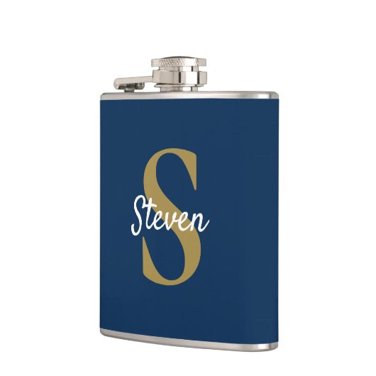 ネイビーパーソナライズされたブルーと金ゴールドモノグラム フラスク (左)