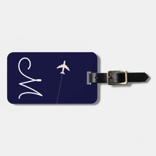 ネイビーパーソナライズされたブルーの飛行機名とイニシャル ラゲッジタグ (正面横)