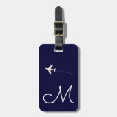 ネイビーパーソナライズされたブルーの飛行機名とイニシャル ラゲッジタグ (正面縦)