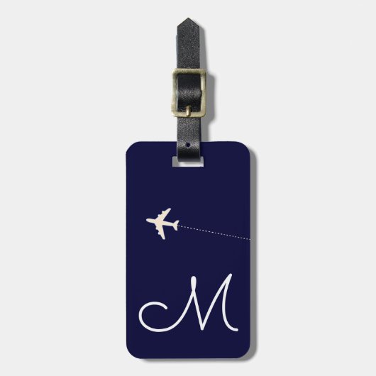 ネイビーパーソナライズされたブルーの飛行機名とイニシャル ラゲッジタグ (正面縦)