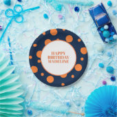 ネイビーパーソナライズされたブルーオレンジ水玉模様誕生日 ペーパープレート (パーティー)