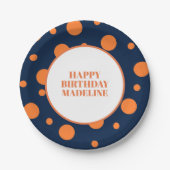 ネイビーパーソナライズされたブルーオレンジ水玉模様誕生日 ペーパープレート (正面)