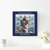 ネイビーパーソナライズされたブルースクエアトップ文字 スクエア壁時計 (ホーム)