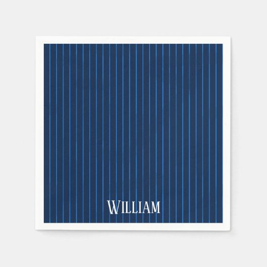 ネイビーパーソナライズされたブルーピンストライプ スタンダードカクテルナプキン (正面)