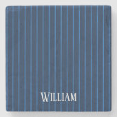 ネイビーパーソナライズされたブルーピンストライプ ストーンコースター (正面)