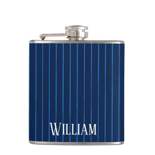 ネイビーパーソナライズされたブルーピンストライプ フラスク (正面)
