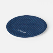 ネイビーパーソナライズされたブルーピンストライプ ペーパープレート (アングル)