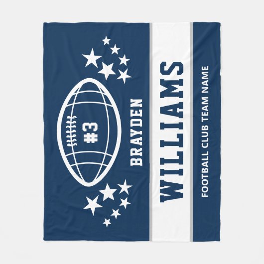 ネイビーパーソナライズされたブルーホワイトサッカー選手の名前 フリースブランケット (正面)