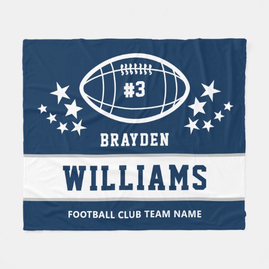 ネイビーパーソナライズされたブルーホワイトサッカー選手の名前 フリースブランケット (正面(横))