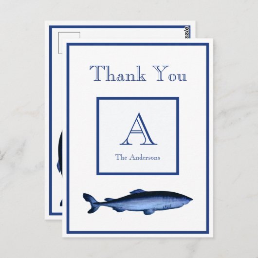 ネイビーパーソナライズされたブルーホワイトシャーク海岸 ポストカード (正面/裏面)