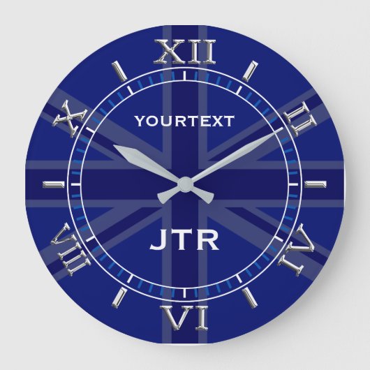 ネイビーパーソナライズされたブルーユニオンジャックブリティッシュ国旗のダイヤル ラージ壁時計 (正面)