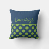 ネイビーパーソナライズされたブルーライムグリーン水玉模様 クッション (裏面)
