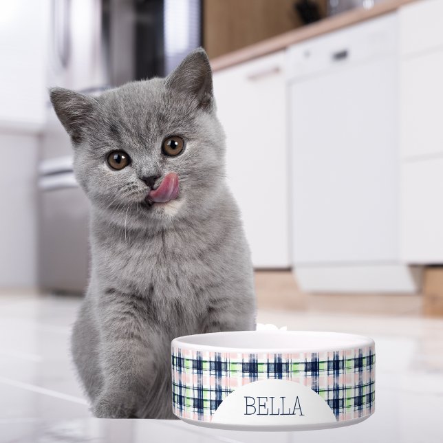 ネイビーパーソナライズされたブルー&ピンクプレイドペット ボウル (クリエイターアップロード済み)