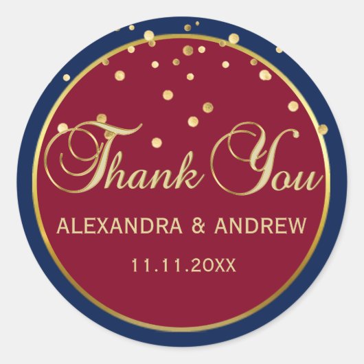 ネイビーパーソナライズされたブルー&ブルゴーニュ金ゴールド結婚ズ ラウンドシール (正面)