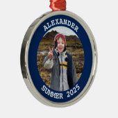 ネイビーパーソナライズされたラウンドの家族写真 メタルオーナメント (右)