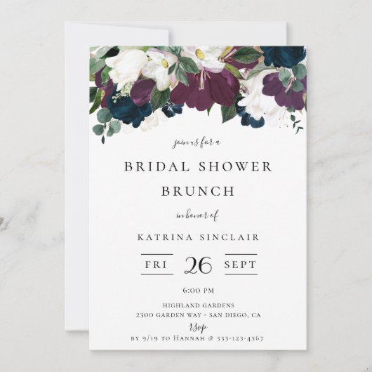 ネイビーパープルアイボリー秋の花のブライダルシャワー 招待状 (正面)