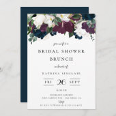 ネイビーパープルアイボリー秋の花のブライダルシャワー 招待状 (正面/裏面)