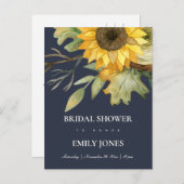 ネイビーヒマワリ水彩フローラブライダルシャワー インビテーションポストカード (正面/裏面)