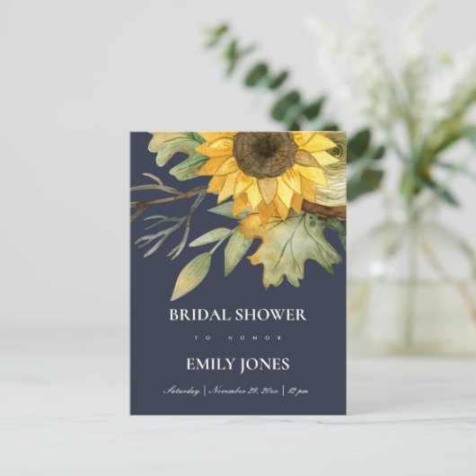 ネイビーヒマワリ水彩フローラブライダルシャワー インビテーションポストカード (スタンド正面)