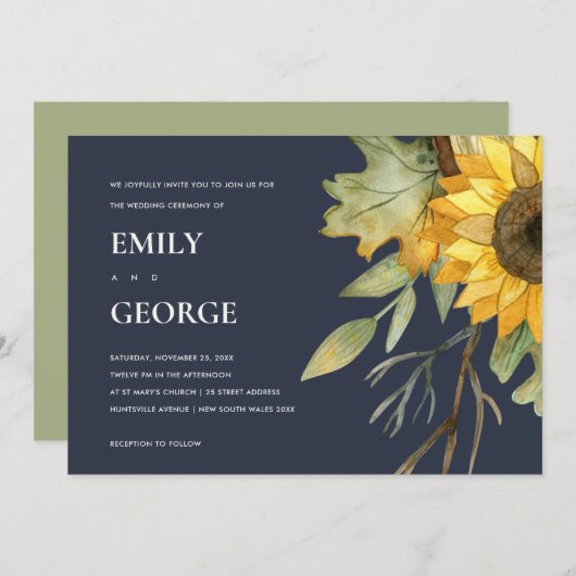 ネイビーヒマワリ水色フローラ結婚式の招待 サンキューカード (正面/裏面)