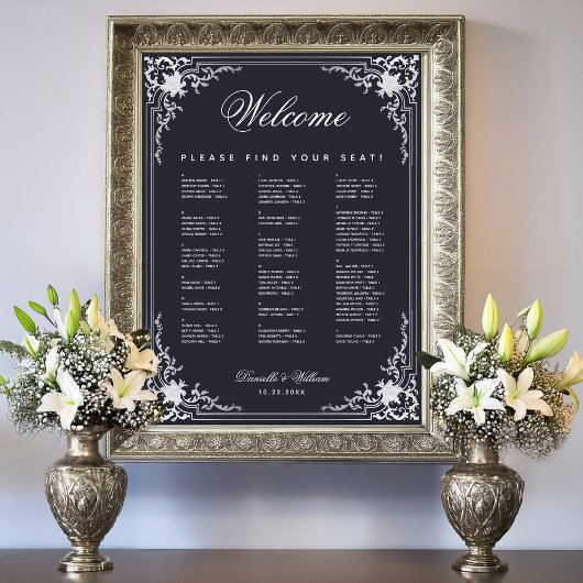 ネイビービンテージ結婚式のアルファベット順の座席表 ポスター